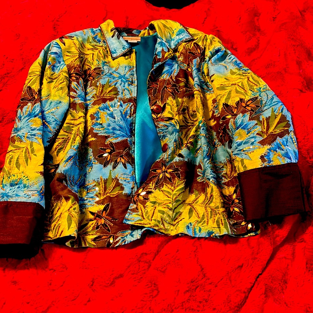 Draper & Damon Blue and Green Flower sequin jacket Size xl